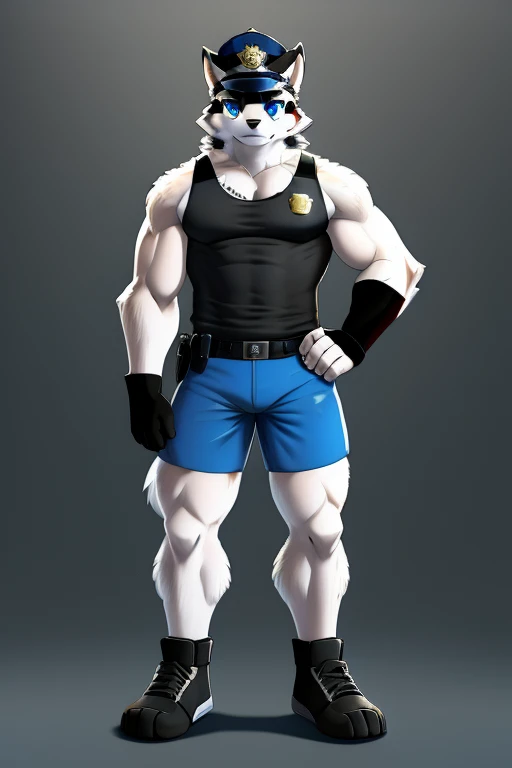 Alaskan Malamute Dog, blue eyes, muscular, Police cap, black sleeveless shirt, shorts negros