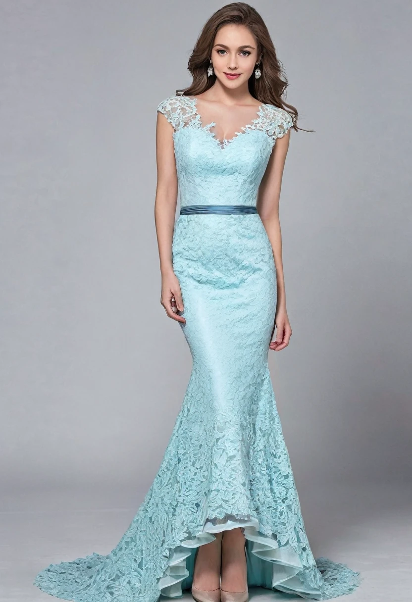 The dress you described is an elegant and sophisticated design that blends delicate details with a flattering silhouette. Here is an overview of the dress:
 
style: The dress has a princess style with a mermaid waist, which creates a figure-flattering silhouette.
 
lace: The dress is crafted from delicate lace with a rose petal pattern. This lace gives the dress a romantic and feminine appearance.
 
neckline: The dress features a V-neckline that accentuates the neck and chest.
 
waist: The waist is defined by a mermaid silhouette, creating a smooth transition from the torso to the skirt.
 
Skirt: The dress's skirt is a pastel hue, giving it a soft, feminine touch of color.
 
Details: The dress may incorporate blue details, A dress that is reminiscent of a sash or an embellishment, adding a touch of color and contrast.
 
general: This dress is perfect for special occasions such as weddings, formal gatherings or events. Its elegant and sophisticated design makes it ideal for women seeking a feminine and romantic look.