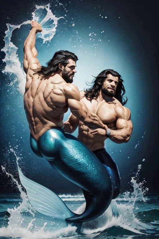 Two muscle male mermaid, gay couple, wrestling, merman, muscles, two male bodybuilders, back, blue mermaid tail, black long beard, black long hair, jumping from water, holding and touching body, sea, big water wave, wallpaper 