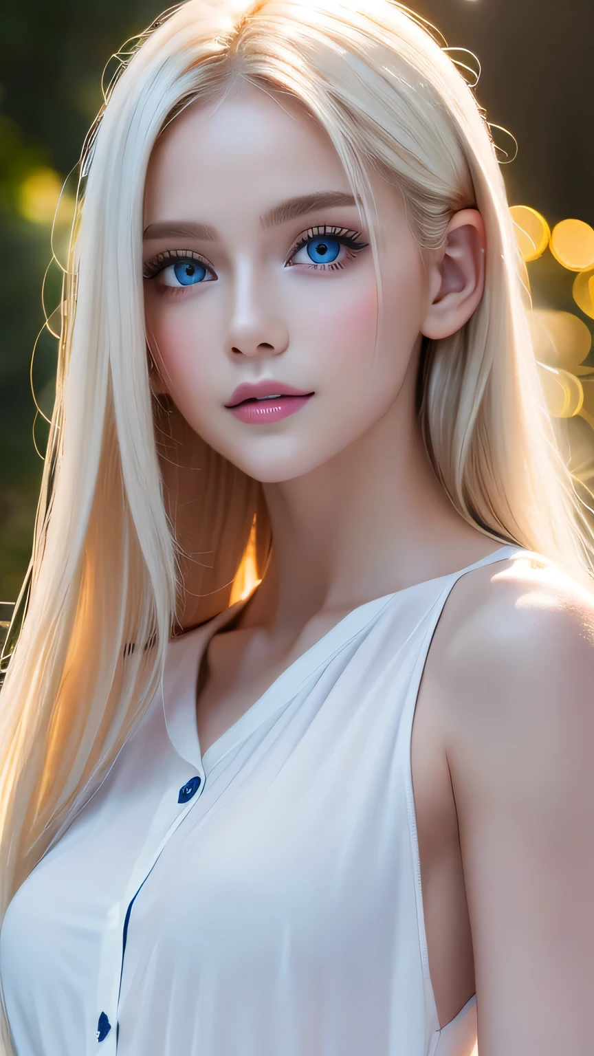 Fine, natural platinum blonde hair、Super long straight hair、Face and eye bangs、Very bright blue large eyes、Transparent white and wet nightgown、Nordic youth、Perfect body、White muscle、Shiny skin、Young and beautiful skin、Perfect beautiful little face、Bright makeup、Pale pink lips、Bright expression、1 of、Buttonless shirt、lipstick、Deceptive advertising、{steams}、Viewer vision、Golden Hour Lighting、Bokeh Atmosphere Perspective、detailed、Movie Light、Intricate details、High resolution、Detailed features of the face design、detailed、Clear Focus、Smoothness、aesthetics、printing、Octane、masterpiece、{{}}