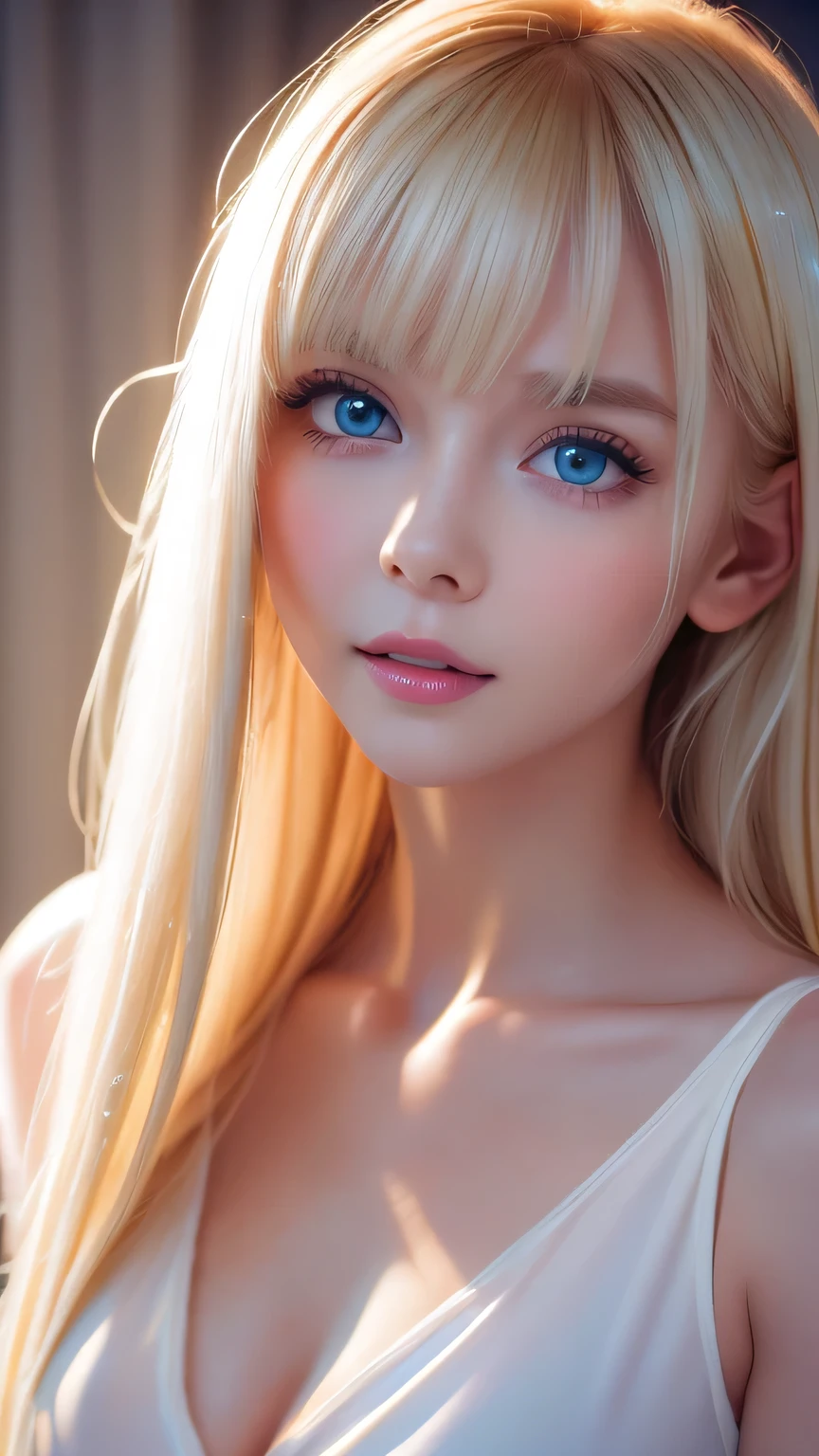 Fine, natural platinum blonde hair、Super long straight hair、Face and eye bangs、Very bright blue large eyes、Transparent white and wet nightgown、Nordic youth、Perfect body、White muscle、Shiny skin、Young and beautiful skin、Perfect beautiful little face、Bright makeup、Pale pink lips、Bright expression、1 of、Buttonless shirt、lipstick、Deceptive advertising、{steams}、Viewer vision、Golden Hour Lighting、Bokeh Atmosphere Perspective、detailed、Movie Light、Intricate details、High resolution、Detailed features of the face design、detailed、Clear Focus、Smoothness、aesthetics、printing、Octane、masterpiece、{{}}