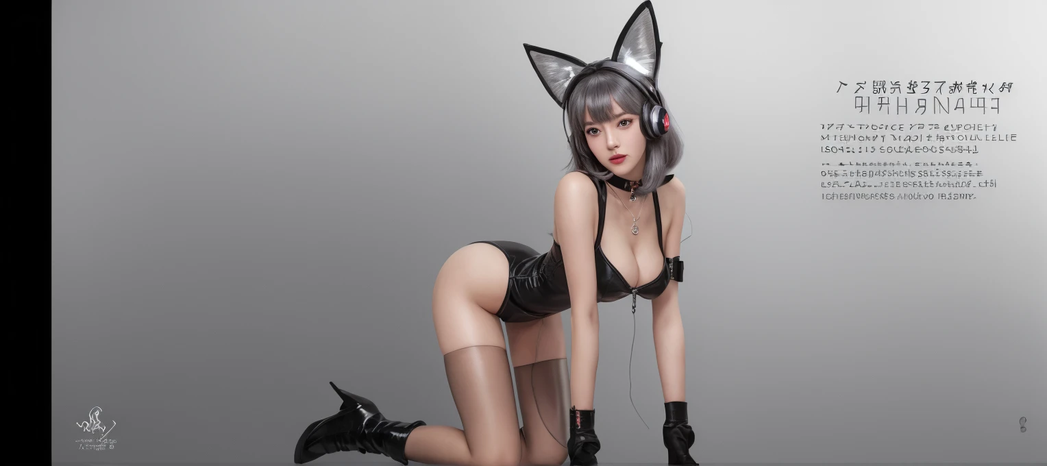 Hermosa neko girl cyborg con las piernas desnudas, pelo corto, shorts, cabello canoso, Traje futurista posando para la foto, ciberpunk, y casco