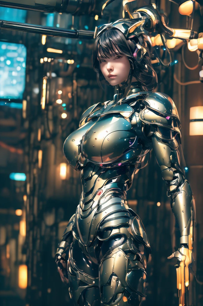 Highest quality, masterpiece, figure, (Realistic, photo-Realistic:1.37), wonderful, In detail, Incredibly absurd, Large file size, Very detailed, High resolution, Very detailed CG Unity 8k wallpaper, Very detailed目と顔, Ray Tracing, Browsing Caution, NUDE, One girl, Korean cyborg girl is innocent and young々Has a sly expression. She poses boldly with her arms raised above her head, Revealing her voluptuous figure. She is wearing a small black mecha armor top that barely covers her breasts., Exposing most of her flawless skin. Her shoulders and head have more armor detailing.、There are shining highlights, Tech Panels and Mechanisms. She is standing against a futuristic cityscape lit up with vibrant neon lights.、Standing full of energy。.