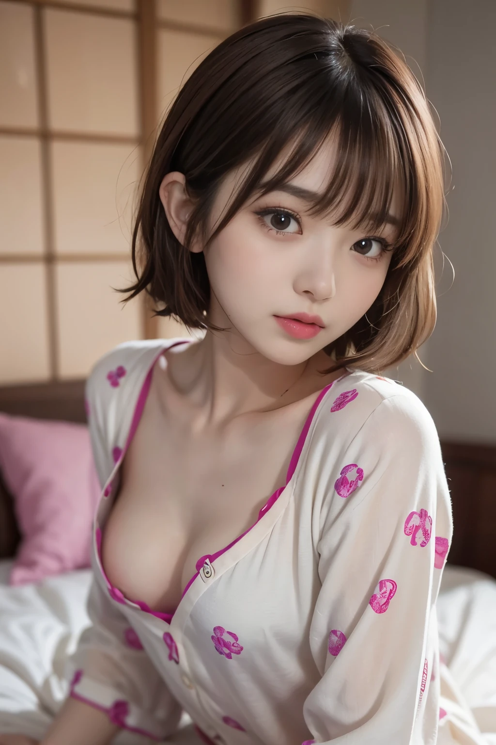 cute 21 year old japanese、night、on the bed、cute colorful pajamas、super detailed face、Attention to detail、double eyelid、beautiful thin nose、sharp focus:1.2、beauty:1.4、(Light brown hair、shortcut) hair、white skin、highest quality、masterpiece、ultra high resolution、(Photoreal:1.4)、smaller breasts、