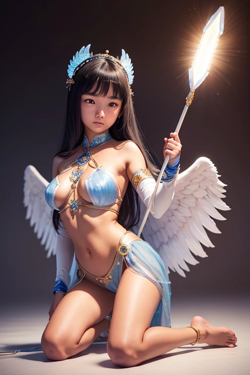 A young 15- yr old native asian girl with lovely charminvg face,(dark skin texture masterpiece), (perfect full body detailed anatomy), (Super accessories detailed), (meditating ), (perfect detailed glowing bright eyes),(short illuminating blue crystalized hair),(kneeling legs wide open showing pussy line) Wearing transparent costume of an angel,holding a treasure bow & arrow, illuminating different lights covers the sorrounding atmosphere Has beautiful large white wings, The character solemnly praying