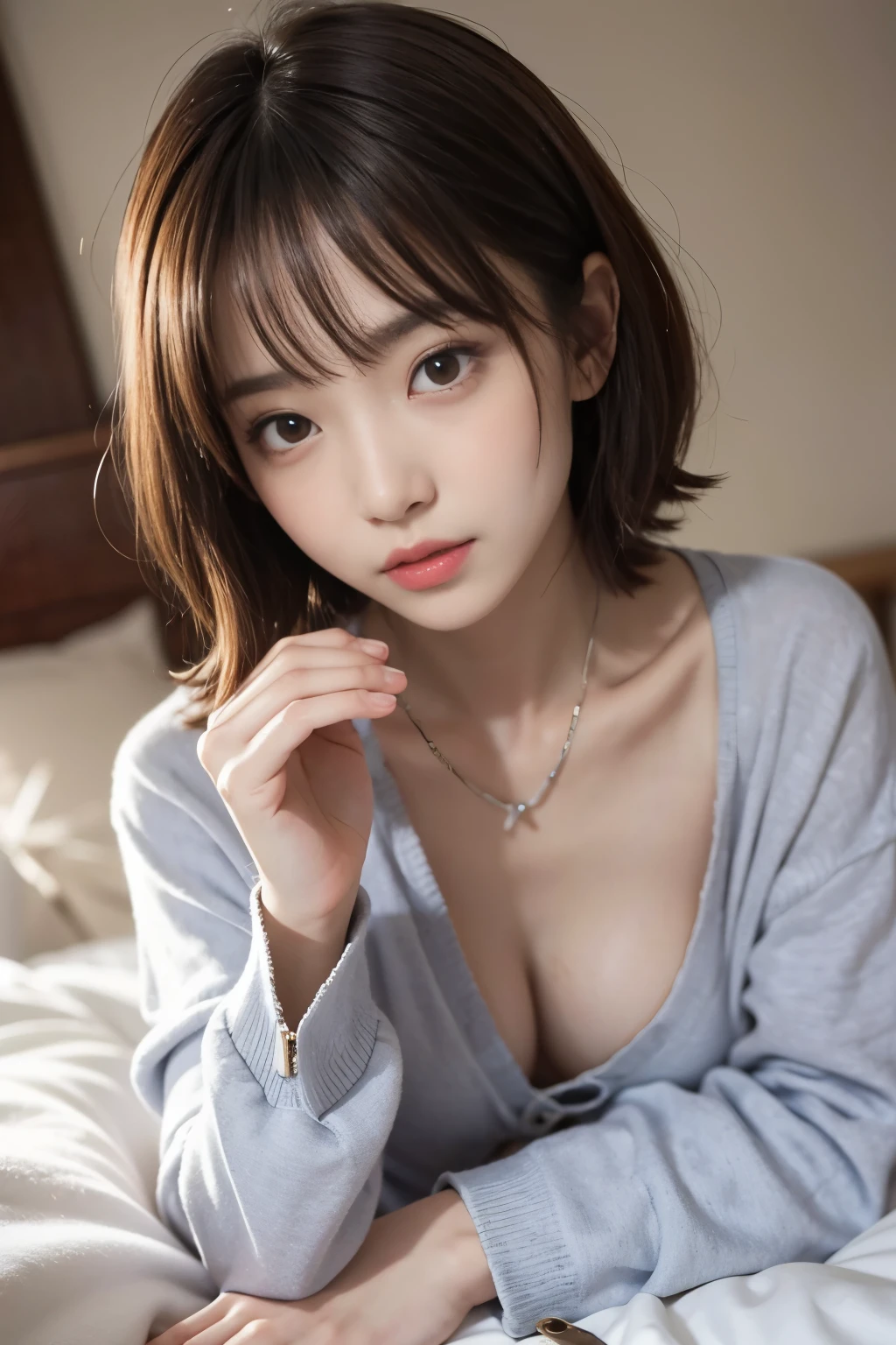cute 21 year old japanese、night、on the bed、cute colorful pajamas、super detailed face、Attention to detail、double eyelid、beautiful thin nose、sharp focus:1.2、beauty:1.4、(Light brown hair、shortcut) hair、white skin、highest quality、masterpiece、ultra high resolution、(Photoreal:1.4)、A glimpse of the chest、
