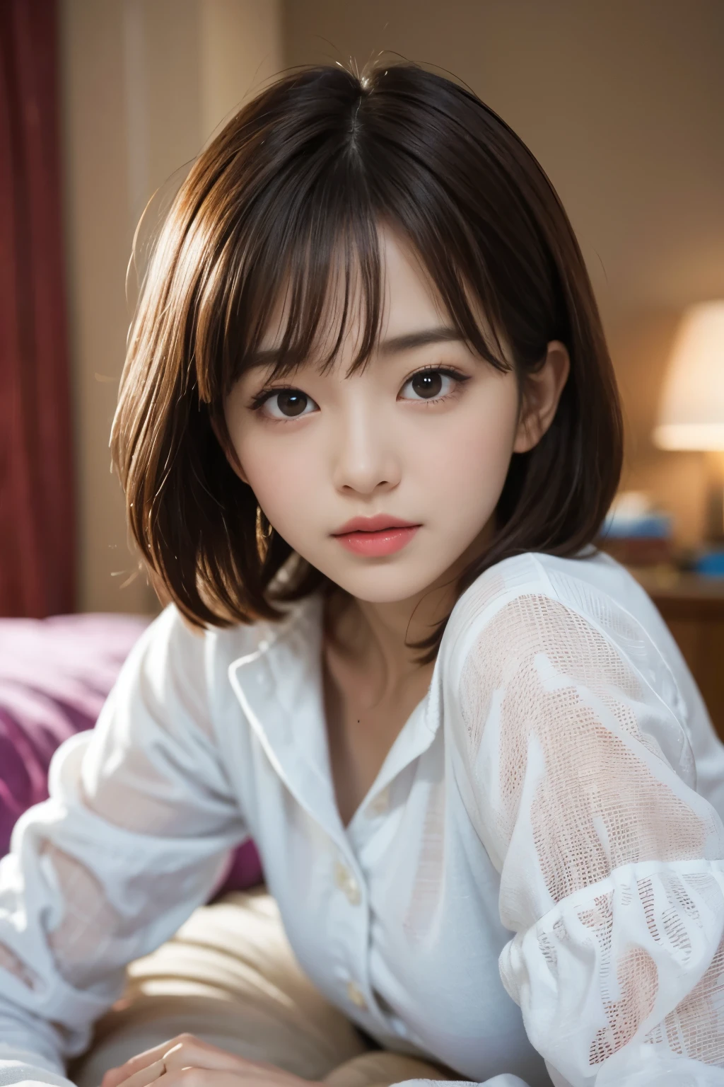 cute 21 year old japanese、night、on the bed、cute colorful pajamas、super detailed face、Attention to detail、double eyelid、beautiful thin nose、sharp focus:1.2、beauty:1.4、(Light brown hair、shortcut) hair、white skin、highest quality、masterpiece、ultra high resolution、(Photoreal:1.4)、A glimpse of the chest、