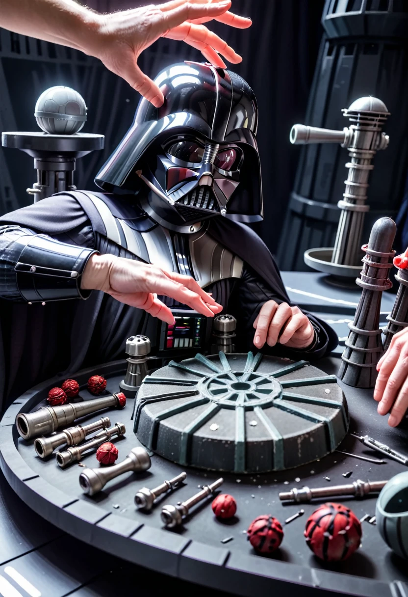 Darth Vader is inspecting a tray of torture instruments. Death Star torture room. Close up on the hands. (hand)