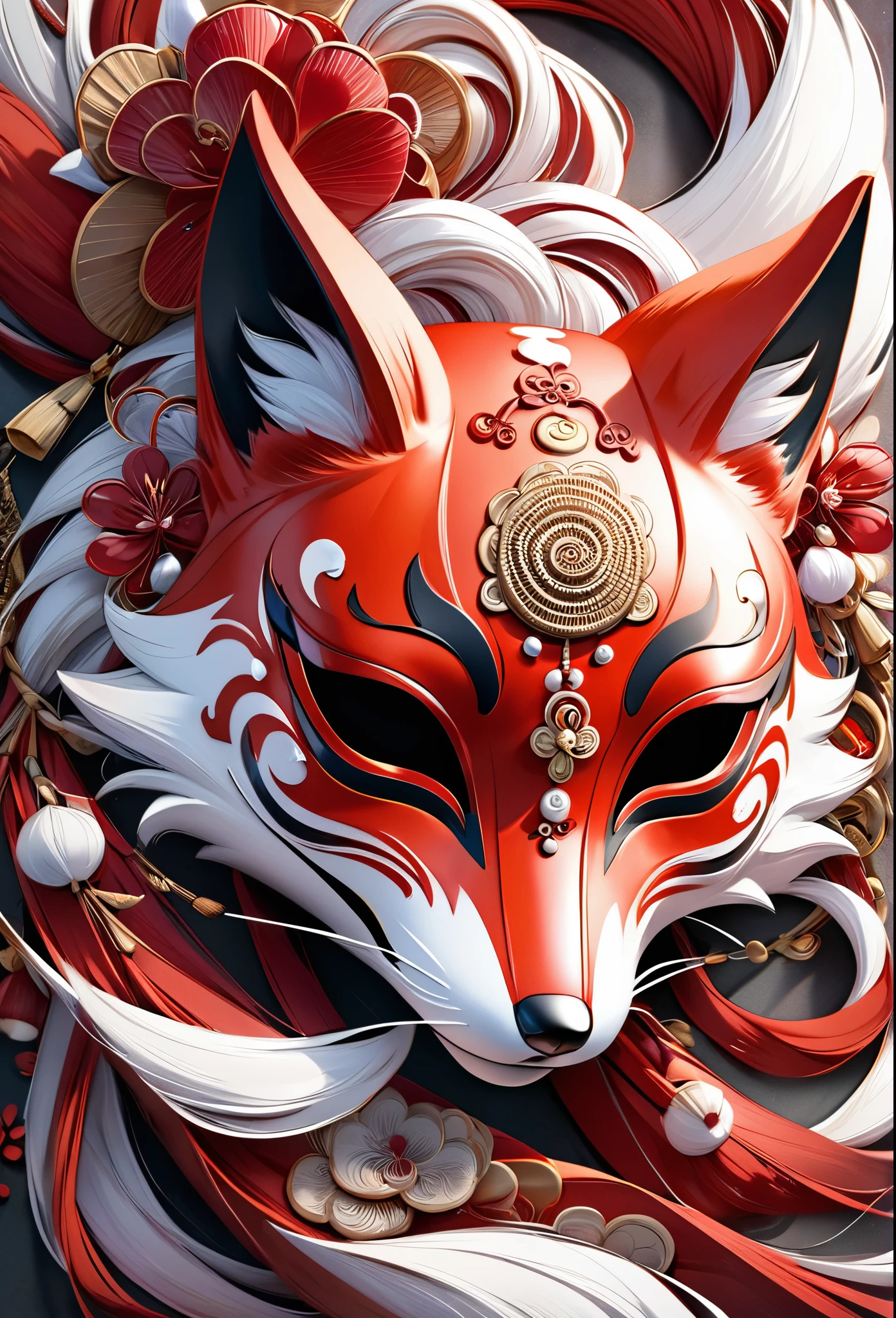 A very detailed traditional Japanese red fox mask, 8K, masterpiece, extremely detailed, white and red, mystical spiritual appearance