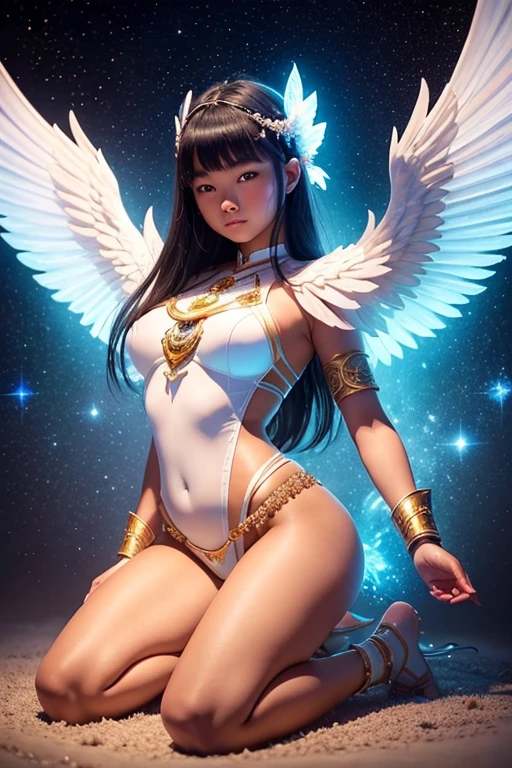 A young 15- yr old native asian girl with lovely charminvg face,(dark skin texture masterpiece), (perfect full body detailed anatomy), (Super accessories detailed), (meditating ), (perfect detailed glowing bright eyes),(short  illuminating blue crystalized hair)，(kneeling legs wide open showing pussy line) Wearing transparent costume of an angel，holding a treasure bow & arrow, illuminating different lights covers the sorrounding atmosphere Has beautiful large white wings, The character solemnly praying 