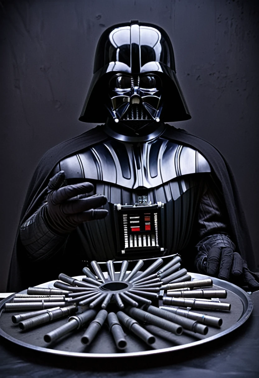 Darth Vader is inspecting a tray of torture instruments. Death Star torture room. Close up on the hands. (hand)
