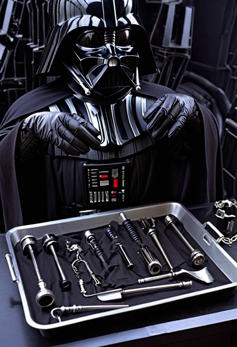Darth Vader is inspecting a tray of torture instruments. Death Star torture room. Close up on the hands. (hand)