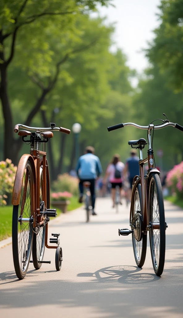 “Side-by-side comparison of the Draisienne and a modern bicycle, highlighting the differences in design and functionality.”