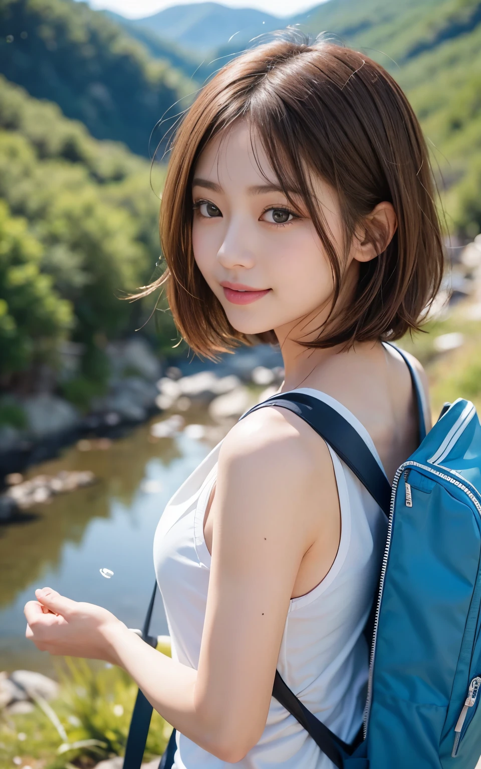 cute 21 year old japanese、
super detail face、pay attention to details、double eyelid、beautiful thin nose、sharp focus:1.2、Beautiful woman:1.4、(light brown hair,short hair、),pure white skin、highest quality、masterpiece、ultra high resolution、(Photoreal:1.4)、Highly detailed and professional lighting、nice smile、Summer mountain climbing scenery、Please generate an image that shows the whole body of a Japanese woman wearing a tank top.。The woman has a lively and cheerful expression.、Enjoying mountain climbing in refreshing scenery。blue all around々tree々and beautiful mountains々Create a landscape where、I'm carrying a rucksack、