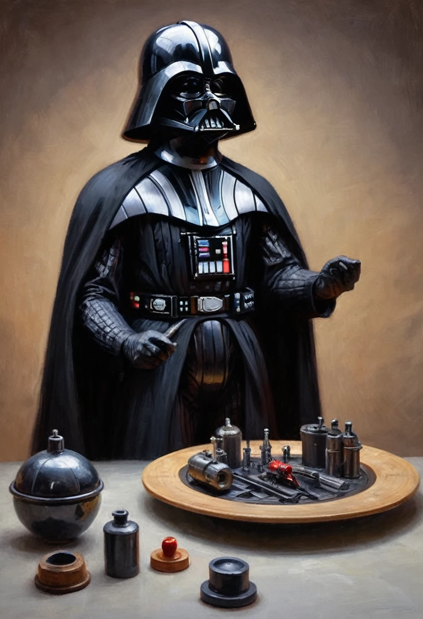 Darth Vader is inspecting a tray of torture instruments. Death Star torture room. Close up on the hands. (hand)