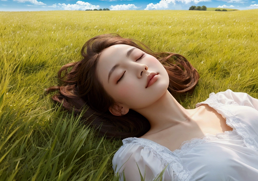 ((Highest quality)), ((masterpiece)), (detailed), One woman,Lying down in a vast grassland、The weather is sunny、The shadow of the clouds is reflected on the grassland、Eyes closed, looking comfortable
