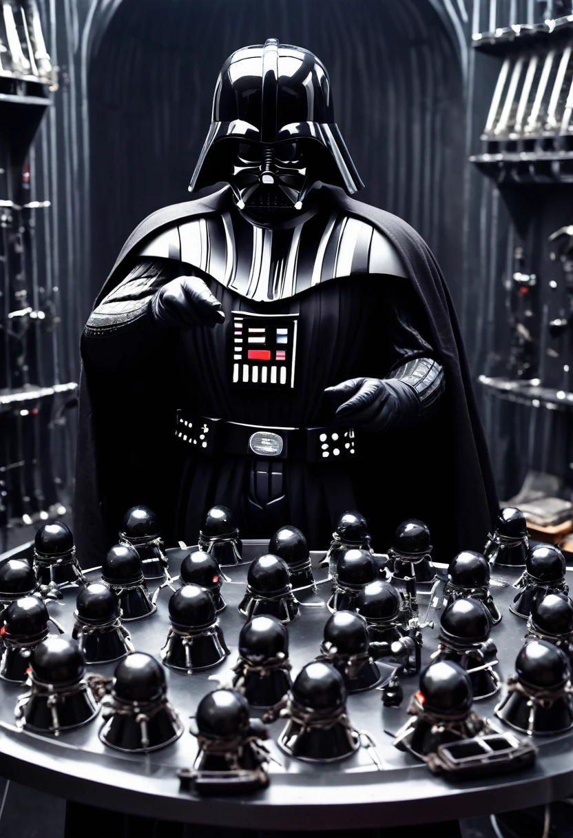 Darth Vader is inspecting a tray of torture instruments. Death Star torture room. Close up on the hands. (hand)