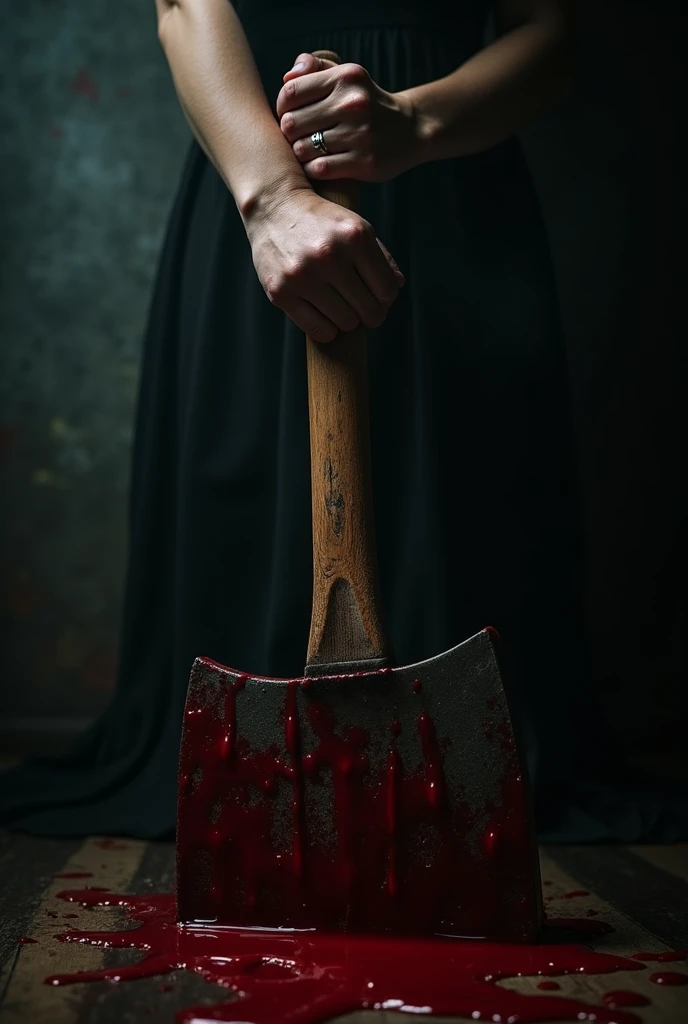a woman's closeup hands gripping a bloodied hatchet handle, blood dripping, horror,dramatic lighting,chiaroscuro,gritty,dark,moody,realistic,detailed,hyper-realistic,4k,8k,highres,masterpiece:1.2,ultra-detailed,realistic:1.37,professional,vivid colors,dramatic shadows