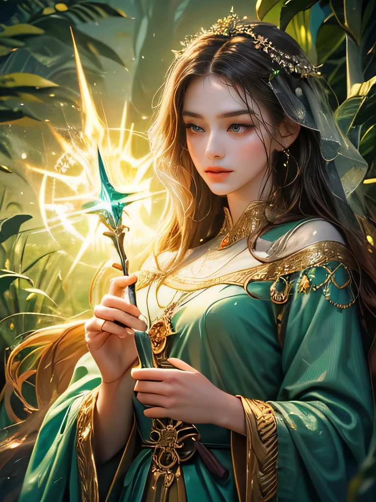"Create an ultra-realistic image of a beautiful  holding a magical staff that radiates the essence of nature. She should be dressed in a refined, dark green shaded outfit that reflects her deep connection to the natural world. Surround her with elements of nature, such as vibrant plants, blooming flowers, and serene forest scenery, showcasing her command over this element. Include a distinct nature symbol on her body, signifying her role as the keeper of nature and illustrating the powerful, nurturing energy of nature she holds within her."
