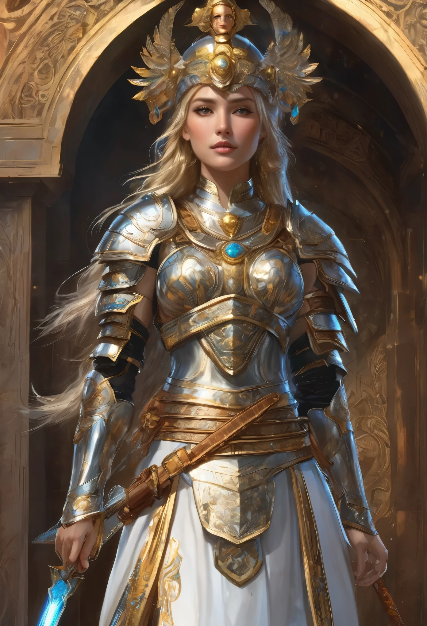 A beautiful portrait of a goddess wearing beautiful, artistic Greek-style armor.,((Highest quality)),(超High resolution),(Very detailed),(Detailed Description),((The best CG)),Detailed Art,Amazing painting art,(精密なディテールを備えたFantasy art:1.5),Armor with great attention to detail:1.6,Intricate and fine decoration:1.7, Crystal Sparkle:1.6,((masterpiece, Highest quality, Very detailedCG, unity 8k wallpaper )),Official Art,Very detailed,Most detailed, Fantasy art, 8K High Resolution, Detailed Art,Goddess Athena,Valkyrie,wilderness,Mythological battle, Ragnarok,Very detailed Most detailed, High resolution, Impressive visuals,Silver armor adorned with extremely beautiful and delicate gold decorations,Very detailedな鎧,Holding a sword,Very detailedな剣,Perfect Face,Detailed facial depiction,Full Armor,Mature Woman,Beautifully detailed helmet,Blonde