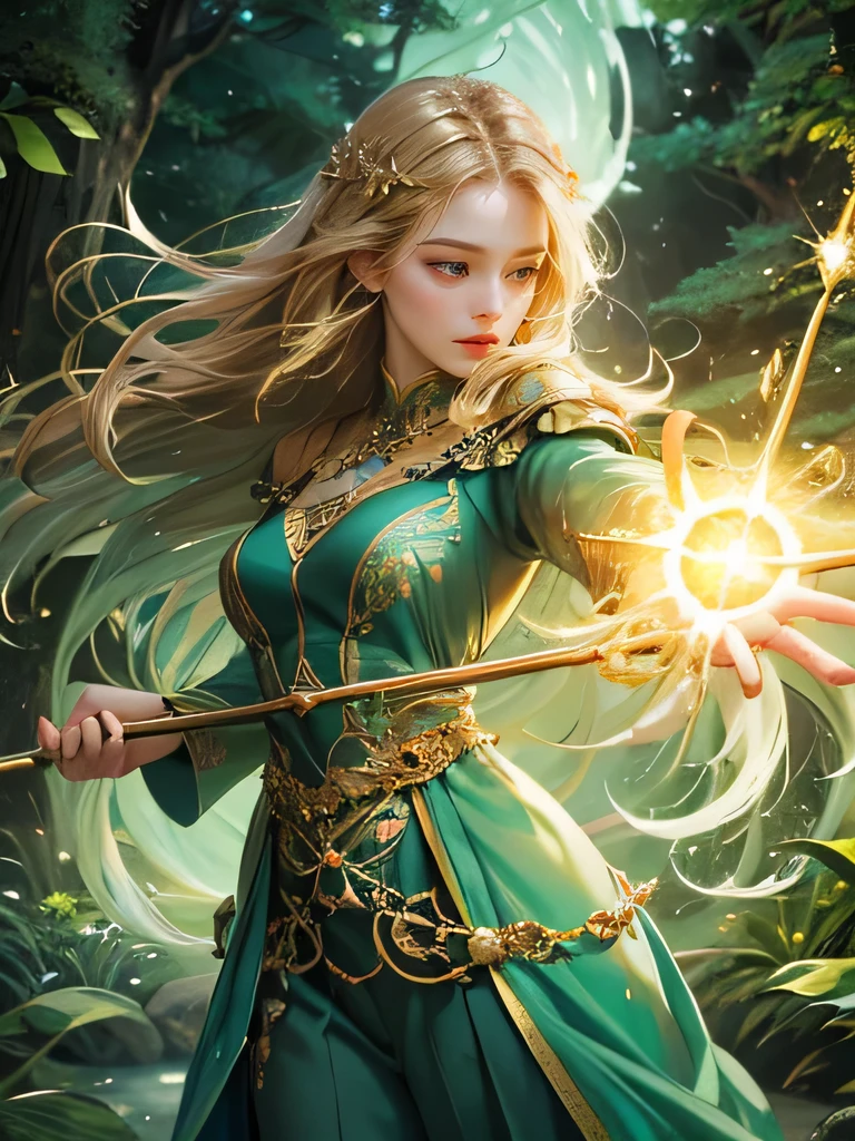 "Create an ultra-realistic image of a beautiful  holding a magical staff that radiates the essence of nature. She should be dressed in a refined, dark green shaded outfit that reflects her deep connection to the natural world. Surround her with elements of nature, such as vibrant plants, blooming flowers, and serene forest scenery, showcasing her command over this element. Include a distinct nature symbol on her body, signifying her role as the keeper of nature and illustrating the powerful, nurturing energy of nature she holds within her."