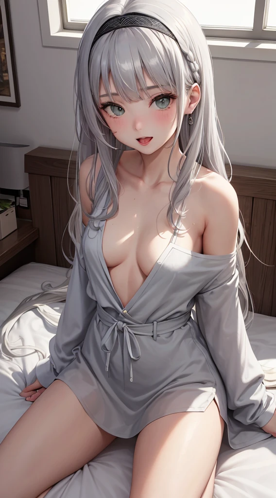 1Girl, 25 years old, Solo, Anime, Ideal body, (Cleavage, Small breast). Beautiful, Gorgeous, Fresh, Blunt Bangs, (White Grey Hair:1.5),(Straight and Wavy Long Hair:1.3), casual shirt,  Off-Shoulder, Oversize, Comfort, Loose shirt, Fabric Texture. (Sit on bed:1.3). Earrings, Thin Black Headband, Green Accessories, Environmental Details, Bed Room, Natural Light, Modern Bed, Chair, Window, White Curtain, City View. pov, anime style, UHD, retina, masterpiece, accurate, anatomically correct, textured skin. High Resolution, Looking at viewer, Blush, Best Quality, Award Winning, Accurate, Embarrassed, seductive smile, sweating, Naughty Face, Naughty, Gradient Eye Color, Sexy Pose. Top view shot, body bent to viewer ,front of camera, looking up to viewer, tongue out, open mouth. From Above, Close-Up.