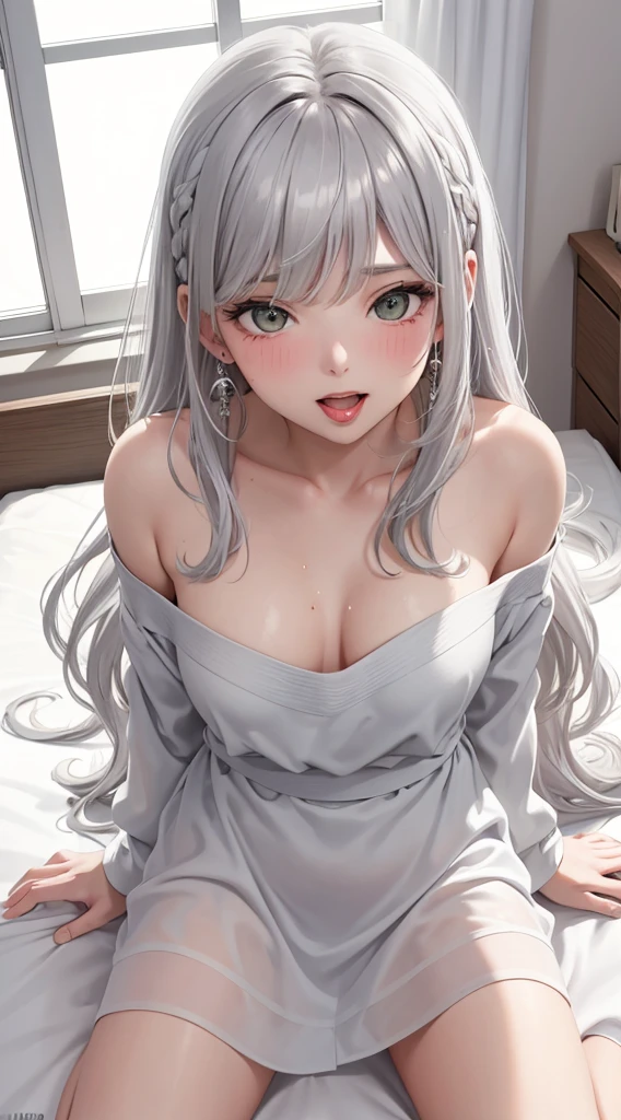 1Girl, 25 years old, Solo, Anime, Ideal body, (Cleavage, Small breast). Beautiful, Gorgeous, Fresh, Blunt Bangs, (White Grey Hair:1.5),(Straight and Wavy Long Hair:1.3), casual shirt,  Off-Shoulder, Oversize, Comfort, Loose shirt, Fabric Texture. (Sit on bed:1.3). Earrings, Thin Black Headband, Green Accessories, Environmental Details, Bed Room, Natural Light, Modern Bed, Chair, Window, White Curtain, City View. pov, anime style, UHD, retina, masterpiece, accurate, anatomically correct, textured skin. High Resolution, Looking at viewer, Blush, Best Quality, Award Winning, Accurate, Embarrassed, seductive smile, sweating, Naughty Face, Naughty, Gradient Eye Color, Sexy Pose. Top view shot, body bent to viewer ,front of camera, looking up to viewer, tongue out, open mouth. From Above, Close-Up.