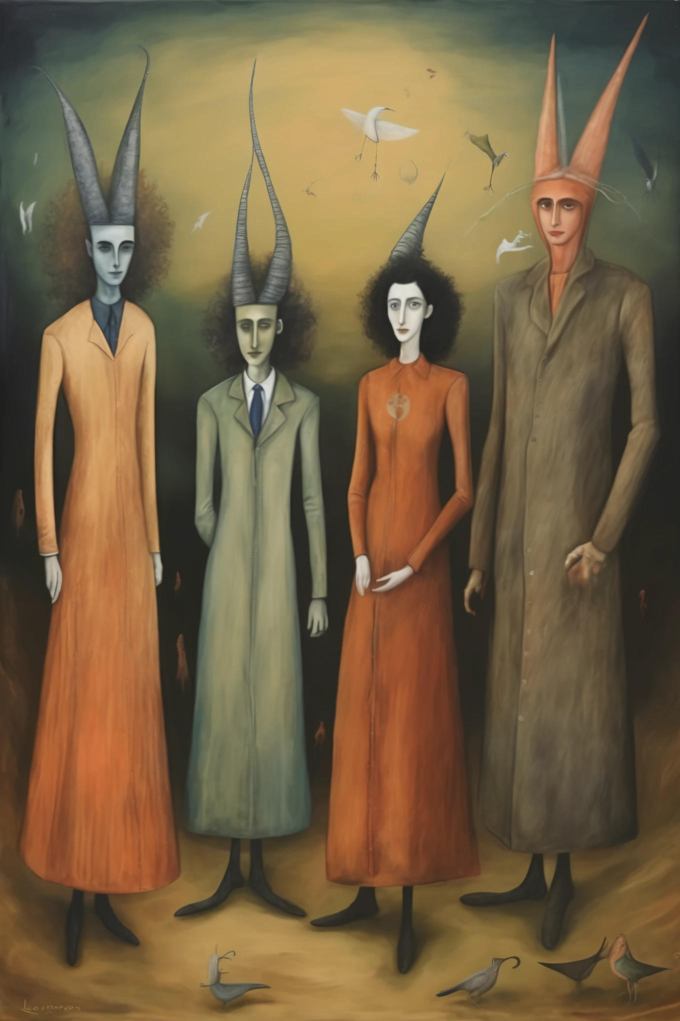 Leonora Carrington style - Leonora Carrington's artwork. There is an encounter with the queen and other women, A person holding a baby. The queen is trying to take the baby, And they raise him as their own son.