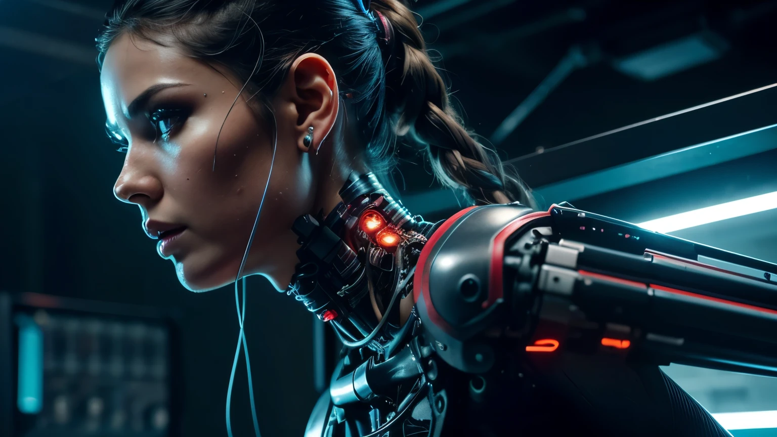 1 beautiful cyborg girl, voluptuous, big breasts, half of the head is human the back of the skull is cybernetic, Ultra realistic details, portrait, global illumination, darkness, Octane rendering, 8k, ultra sharp, Intricate, detailed ornaments, cold colors, metal, futuristic detail, highly Intricate details, Realistic light, trend on CGSociety, bright Eyes, in front of the camera, neon details, mechanical limbs, Blood vessels connected to tubes., mechanical vertebra attached to the back, mechanical cervical fixation to the neck, Session, cables connecting to her head, background a scientific laboratory with computers and servers