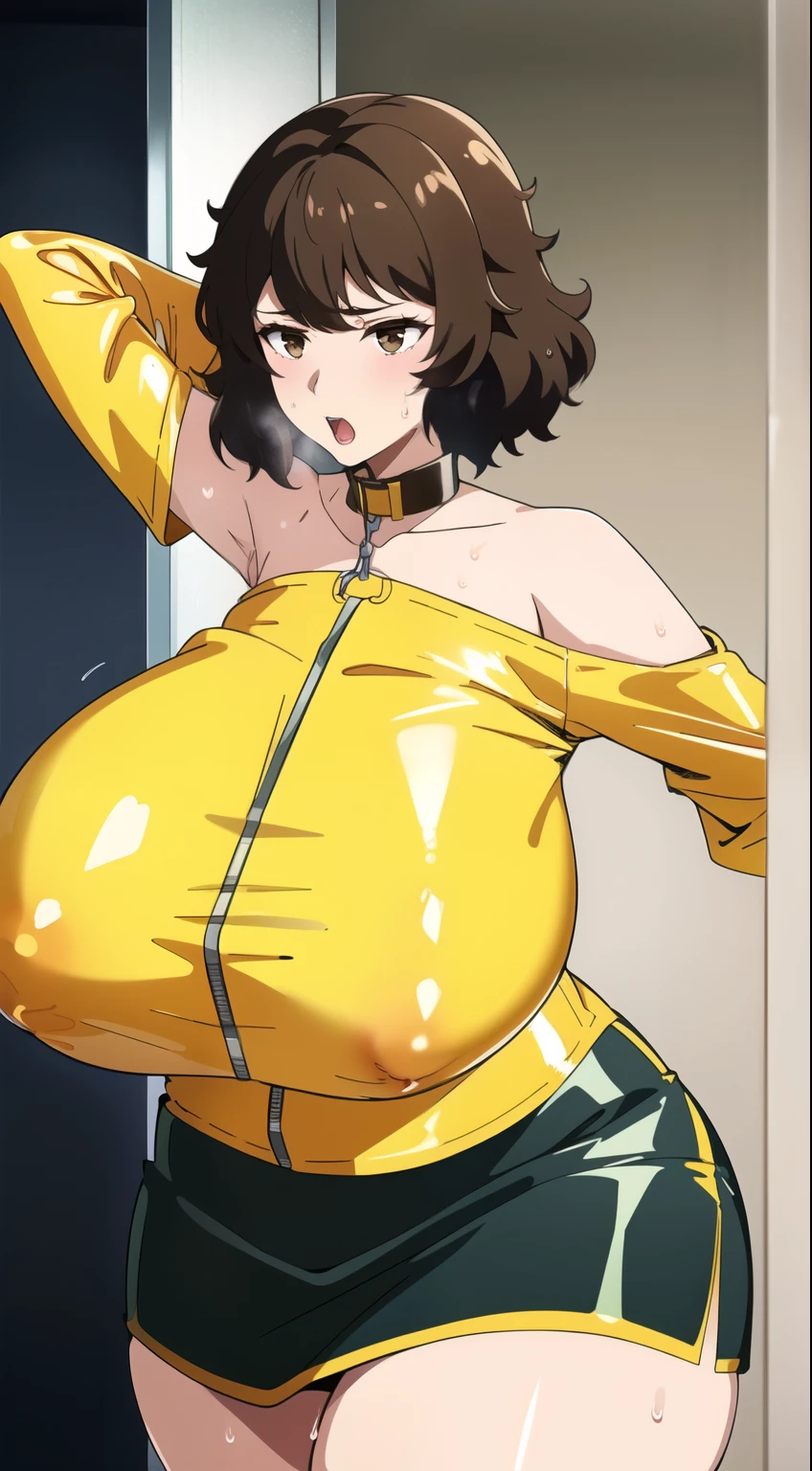 masterpiece, 1 person々, One person々in,10代の若者1 person々, kawakami sadayo (Person 5),Big Breasts , Mature Woman,Sharp eyes, Brown Hair,short hair、Brown eyes, Empty Eyes LoRA / Hollow / Hypnotic suggestion,It opens wide vertically..,Sweaty, Yellow latex gloves,Yellow off-the-shoulder latex suit,Yellow and black skirt,Yellow off-the-shoulder latex,Yellow and black latex skirt,Latex shirt,Yellow latex off-the-shoulder shirt,Armpit sweat,、The clothes fit snugly to the body、Latex is very shiny、Dark Room, Thick thighs, Hypnotic Pendulum,Hypnotic state,Hypnotic stateの目,squint,Open your mouth wide and vertically,Sweaty,全身Sweaty,I can see the valley,Steamed, (Huge breasts:1.6),Heart Nipple Sticker