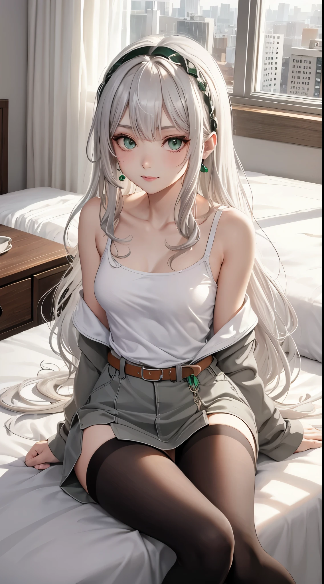 Character Details:, - Gender: 1 Girl.
- Style: Anime, - Body Type: Attractive body, nice body, nice legs, nice tights, nice arms, nice shoulders. - Breast: (Breast:1.2)- Facial Feature: Beautiful, Gorgeous, ager, Fresh, Young.
- Expression: Small smile, Shy Look, sweating, emerald green eyes. - Hairstyle: Blunt Bangs. - Hair Color: (White Grey Hair:1.5), (Straight and Wavy Long Hair:1.3),
- Clothing: (Office Shirt, Off-shoulder, Laced Tanktop, Mini Skirt.). - Body Pose: (Sitting on bed:1.3), Look on camera, (Hands down).- Behaviour: Waiting, Want Something, Secretly.
- Accessories: Earrings, thin Black Headband, Green Hair Accessories, Environmental Details:, - Setting: Bed Room., - Lighting: Natural Light., - Decoration: Modern Bed, Chair, Window, White Curtain, City View. Top view. pov, anime style, UHD, retina, masterpiece, accurate, anatomically correct, textured skin.