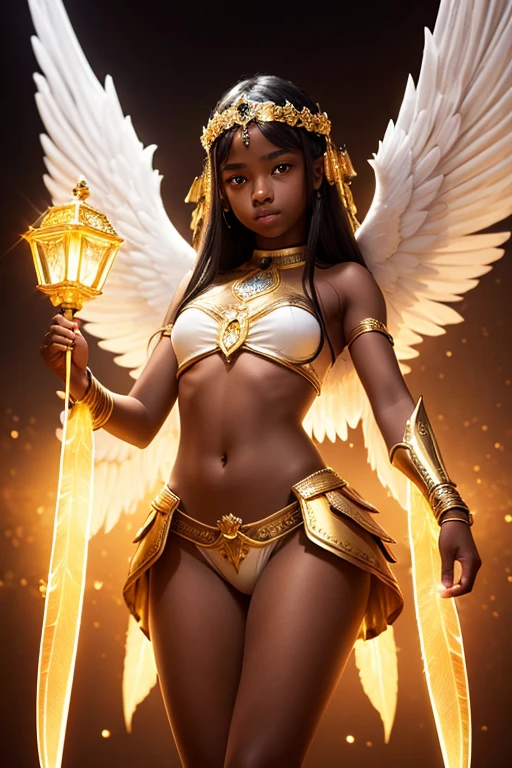 A young 15- yr old native European girl with lovely charminvg face,(dark skin texture masterpiece), (perfect full body detailed anatomy), (Super accessories detailed), (meditating ), (perfect detailed glowing bright eyes),(short  illuminating yellow crystalized hair)，(legs wide open showing pussy line) Wearing transparent costume of an angel，holding a treasure bow & arrow, illuminating different lights covers the sorrounding atmosphere Has beautiful large white wings, The character solemnly praying 