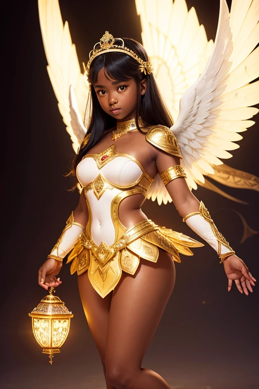 A young 15- yr old native European girl with lovely charminvg face,(dark skin texture masterpiece), (perfect full body detailed anatomy), (Super accessories detailed), (meditating ), (perfect detailed glowing bright eyes),(short illuminating yellow crystalized hair),(legs wide open showing pussy line) Wearing transparent costume of an angel,holding a treasure bow & arrow, illuminating different lights covers the sorrounding atmosphere Has beautiful large white wings, The character solemnly praying