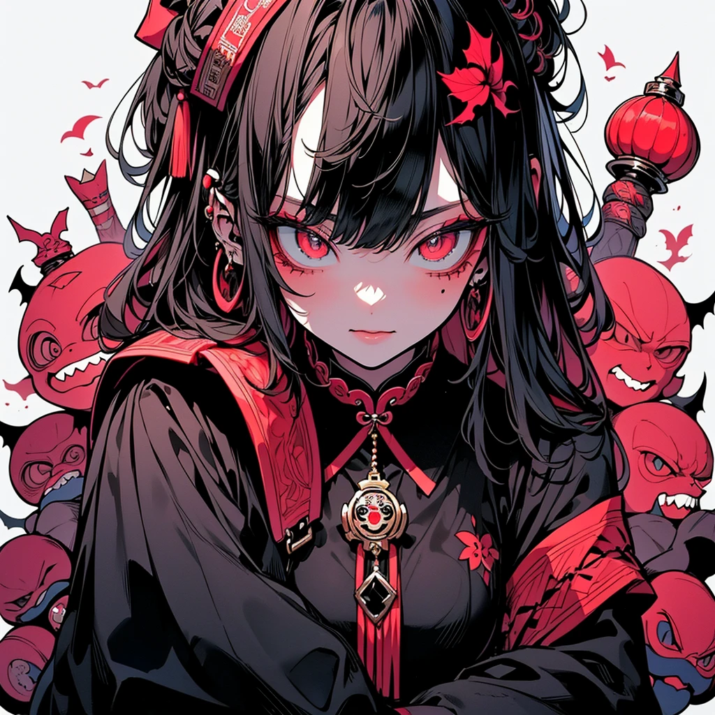 Chinese Gothic Punk、Jiangshi City style,Daughter of the Chinese emperor、Overwhelming intimidation、Put your hands in your sleeves,(Comic Noir Style),(line drawing_anime),(solid color_high contrast),(table top, highest quality, ),(roller・バッド・ピクチャー:1.2),(Lora Add Details:1.2),8K, flat color:1.2,1 girl,Jiangshi City QUEEN SITTING ON A CRIMSON THRONE WEARING A HEAVY CLOAK,Jiangshi City,BEAUTY Jiangshi City、very long hair、Peking Opera style makeup,Luxurious costumes with beautiful embroidery_Dragon and phoenix embroidery:1.2,(roller:add more details:1.2)