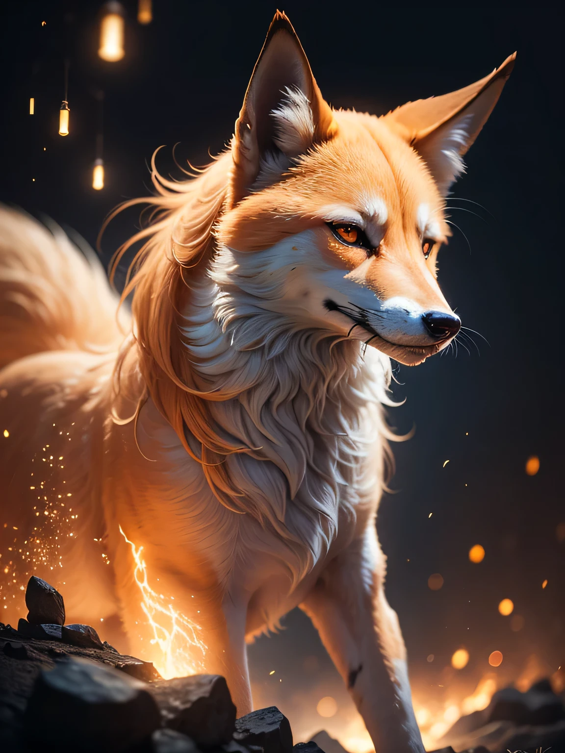 a mythical nine-tailed fox surrounded by alluring light particles, glowing alluringly, featured in a captivating Japanese night scene, with sparks and impressive lighting effects, no human presence, (best quality,4k,8k,highres,masterpiece:1.2),ultra-detailed,(realistic,photorealistic,photo-realistic:1.37),intricate details,dramatic lighting,vibrant colors,cinematic composition,mystical atmosphere,ethereal,magical realism