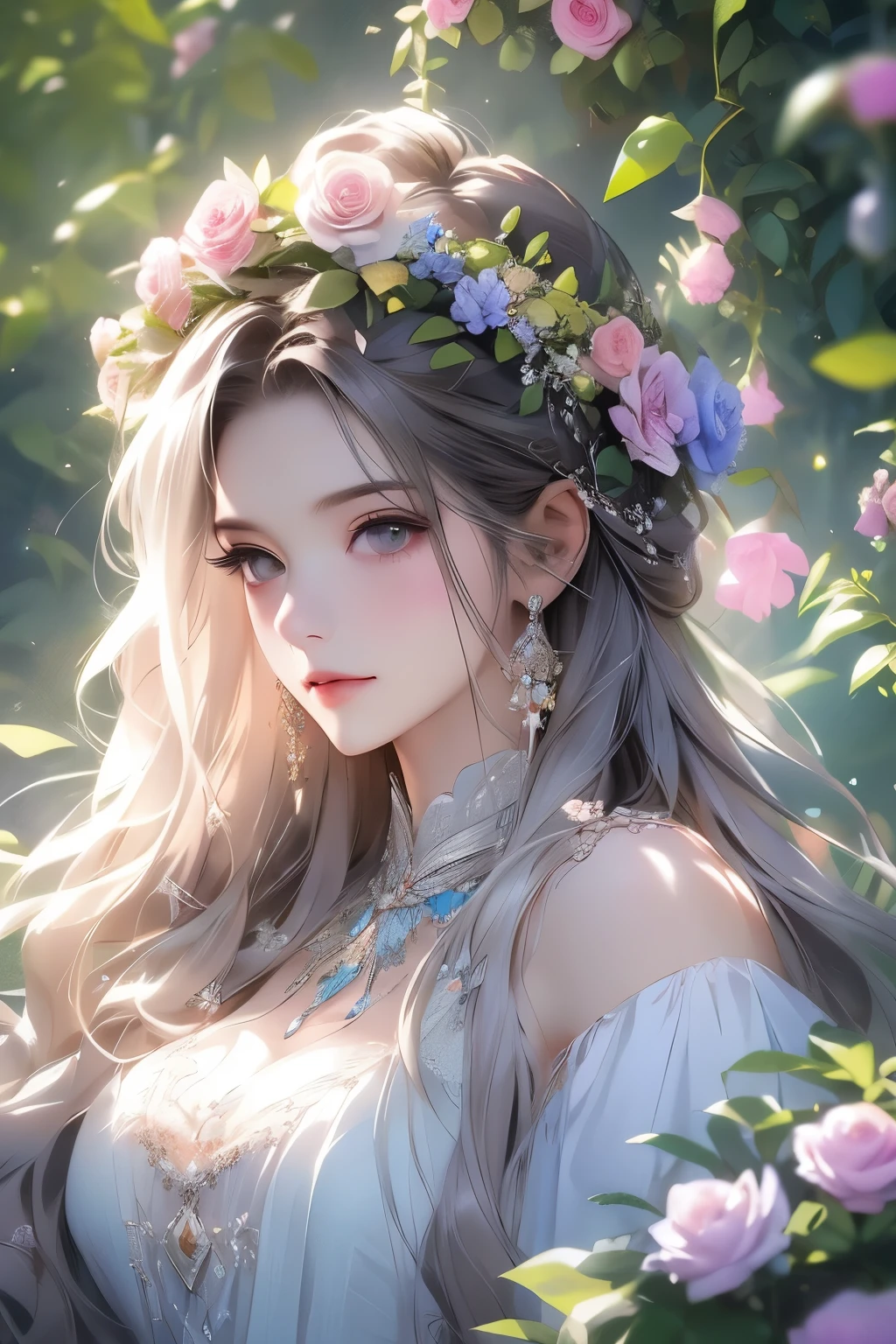 best qualtiy,8K,Best quality,(the detail:1.4), Blonde hair, hair flower, head wreath, Gradient_Eyes, long eyelasher, tsurime, wince, eyebrows behind the hair, Purple hair, Very long hair, Floating hair, Absurdly long hair, Anime, intriguing,cheerfulness,first person perspective, neo-classical, Renaissance,Epic and beautiful character art,Stunning character art,Ray traching,The costumes and facial expressions of the characters are very detailed,Displays a detailed description