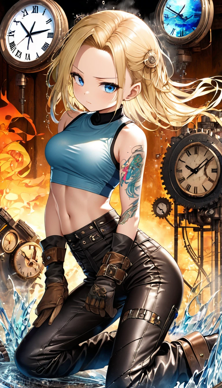 seamless Integration, baby-faced beautiful girl, attractive and seductive expression, shy, blonde straight hair, forehead, make-up, blue eyes, superlative body proportion, abs, covered in tattoos, wearing crop tanktop, tight fitting leather pants, heavy engineer boots, BREAK shattered cracked glass, fusion of (cyber, diesel, clock, steam) punk and (water, fire, earth, wind) punk, conceptual installation art, 2.5D, delicate and dynamic, iridescent effects, artistic, hyper, graphic CG digital art
