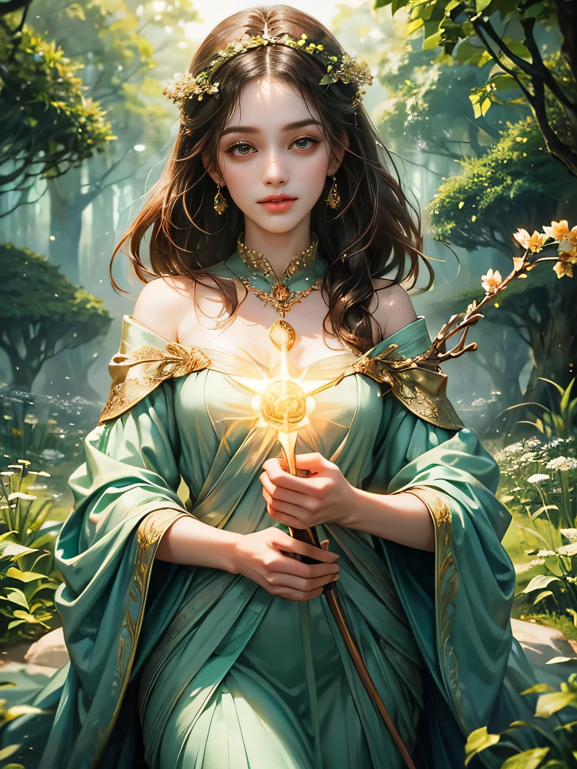 (masterpiece, best quality:1.5), highest quality, High resolution, super detailed, Realists, Upper body photo of a brunette sorceress, detailed and beautiful eyes, beautiful detailed lips, very detailed eyes and face, longeyelashes, shiny satin dress, Holding a magic wand in your hand, Cast a Light Deaf, Magic wands present and shiny, Beautiful and colorful makeup, elegant and noble々The jewelry bag, Gardens as background, soft daylight, bright colors, fine brushstrokes, Portrait style, Silk dress fabric, beautiful color palette, glowing skin, First-class rendering, that captures every detail, enchanting atmosphere, subtle shadows and lights, (perfect anatomy:1.2), (The two stunning sorceresses transform flowers into jewelry (a transformation with the magic wand:1.4), (magnificent panorama view:1.2)