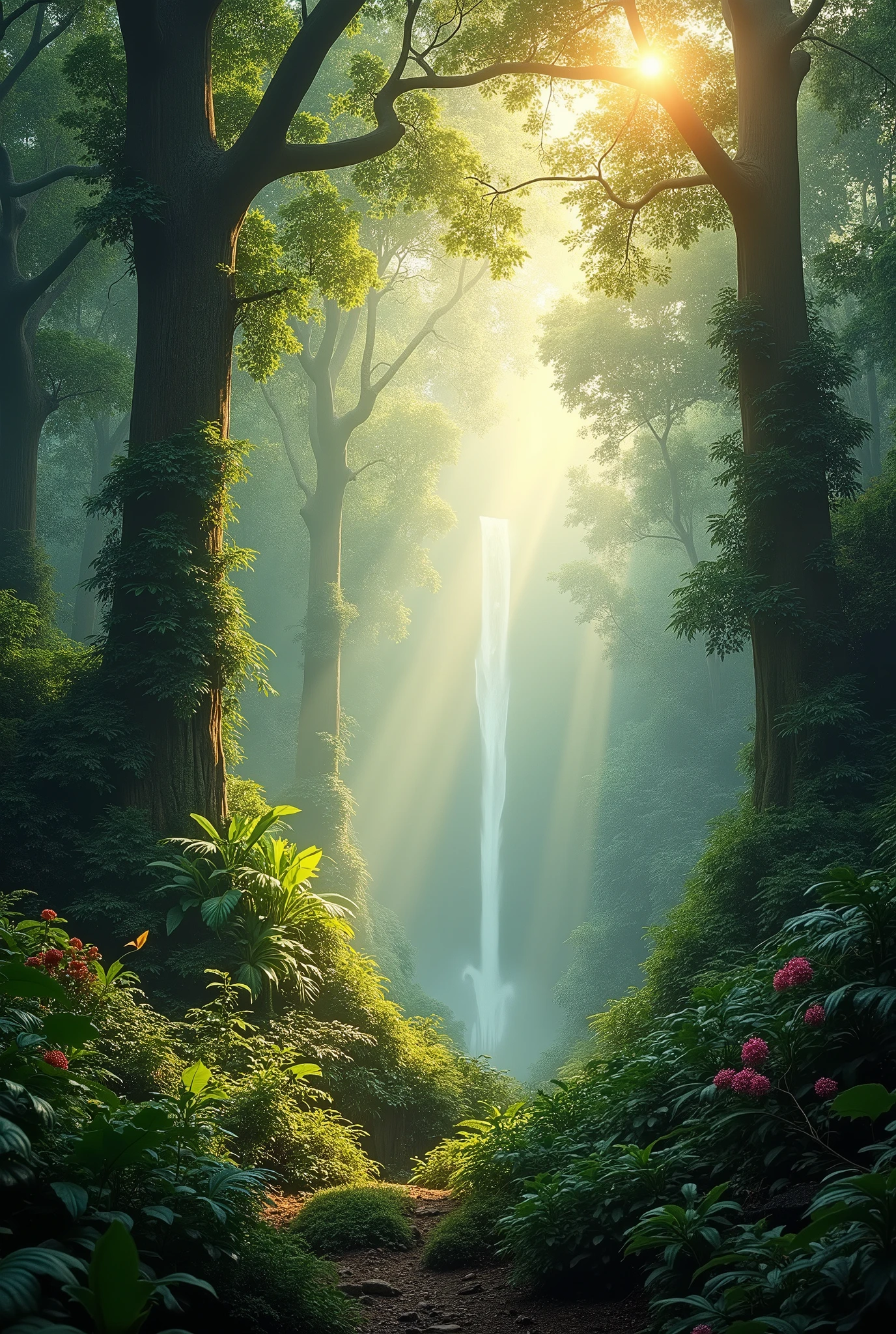 A dense rainforest shrouded in a light morning mist, with tall trees and lush vegetation. The mist should create an ethereal and mysterious effect, with soft light filtering through the treetops
