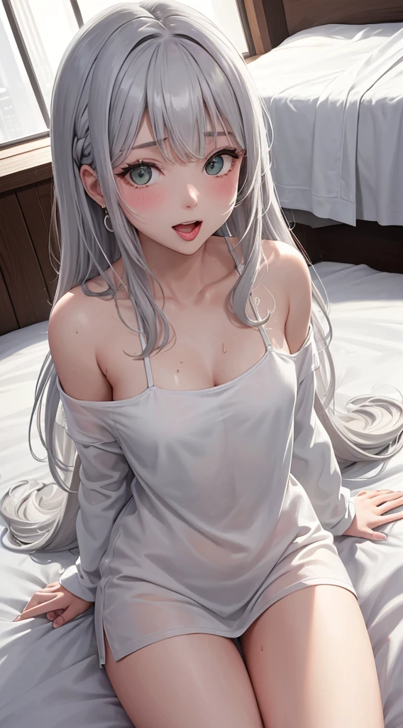 1Girl, 25 years old, Solo, Anime, Ideal body, (Cleavage, Small breast). Beautiful, Gorgeous, Fresh, Blunt Bangs, (White Grey Hair:1.5),(Straight and Wavy Long Hair:1.3), casual shirt, Off-Shoulder, Oversize, Comfort, Loose shirt, Fabric Texture. (Sit on bed:1.3). Earrings, Thin Black Headband, Green Accessories, Environmental Details, Bed Room, Natural Light, Modern Bed, Chair, Window, White Curtain, City View. pov, anime style, UHD, retina, masterpiece, accurate, anatomically correct, textured skin. High Resolution, Looking at viewer, Blush, Best Quality, Award Winning, Accurate, Embarrassed, seductive smile, sweating, Naughty Face, Naughty, Gradient Eye Color, Sexy Pose. Top view shot, body bent to viewer ,front of camera, looking up to viewer, tongue out, open mouth. From Above, Close-Up, sticky goo on breast, white goo on body, sweating.