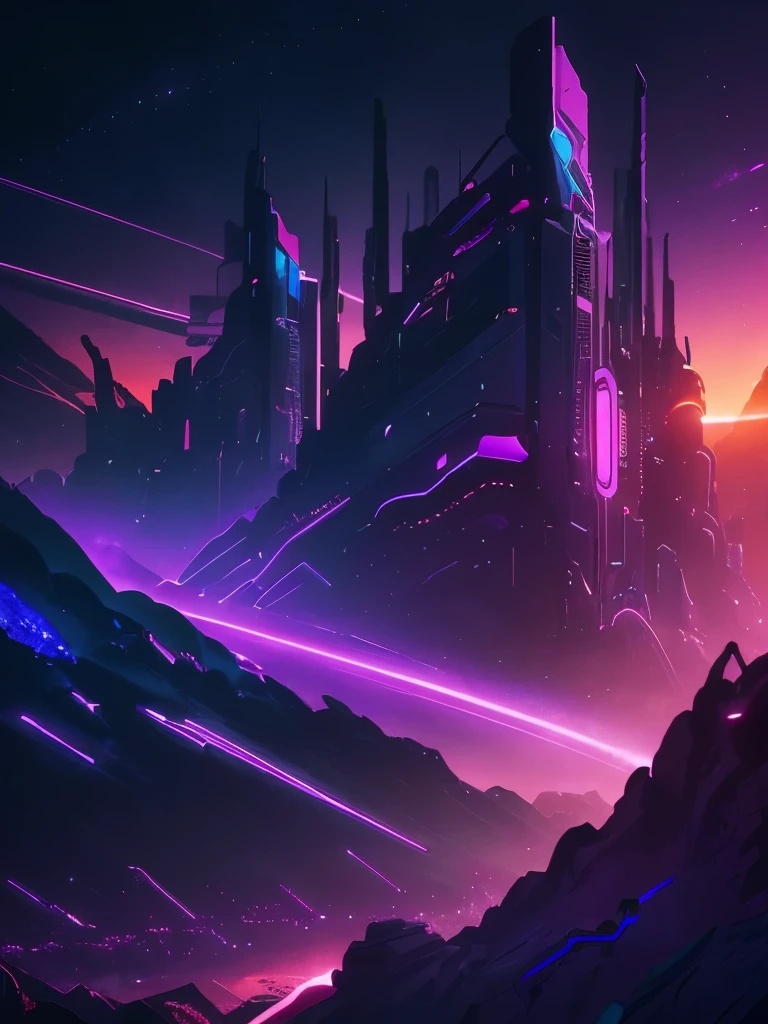 a dark background with a purple and yellow sunset and mountains, cyberpunk art by Beeple, tumblr, space art, jen bartel, cosmic ambient, dark neon colored universe, synthwave art style ]!!, synthwave art, violet planet, fantasy and dreams vibes, ✏️🎨, futuristic art style, 🚀🚀🚀, style hybrid mix of beeple