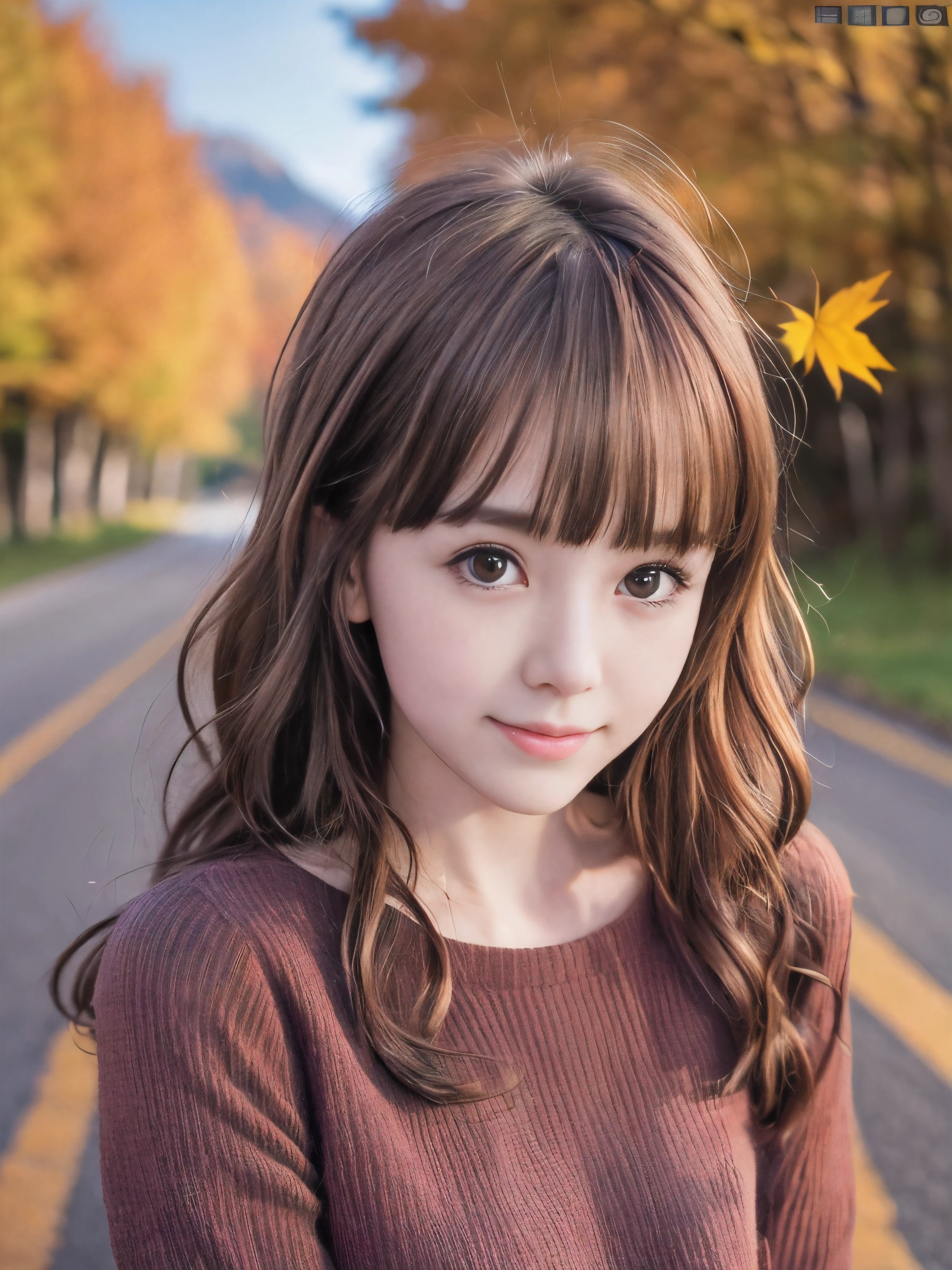(Close up face shot of one slender small breasts red brown wavy long hair with dull bangs girl in a autumn fashion shirt and sweater:1.5)、(One girl is turn around with small smile on the road:1.5)、(Beautiful autumn leaves and mountain:1.5)、(8k ultra detailed master piece:1.5)、(perfect anatomy:1.5)、(Photorealistic stick:1.5)、(Raw photo:1.3)、(highest quality:1.5)、(High resolution:1.3)、(Delicate and beautiful perfect face:1.3)、(Delicate and beautiful eye air skin:1.3)、(Real Human Skin:1.3)、((thin legs))