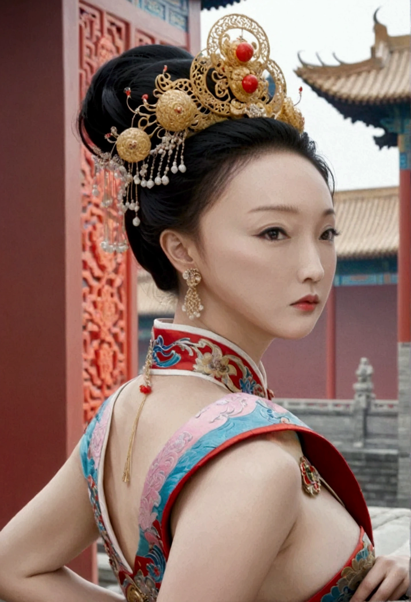 The empress of the Qing Dynasty is naked and has slightly large breasts, posing on all fours, sticking out her buttocks can be seen from the profile, the background is outside the Qing Dynasty palace