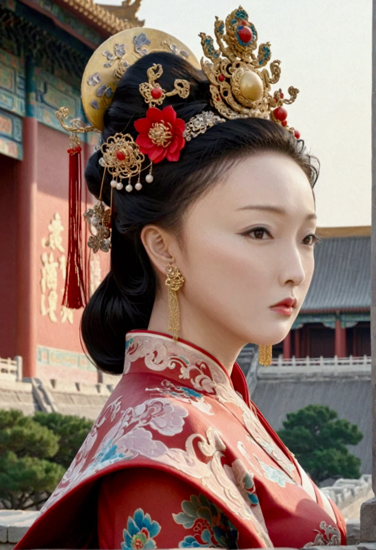 The empress of the Qing Dynasty is naked and has slightly large breasts, posing on all fours, sticking out her buttocks can be seen from the profile, the background is outside the Qing Dynasty palace