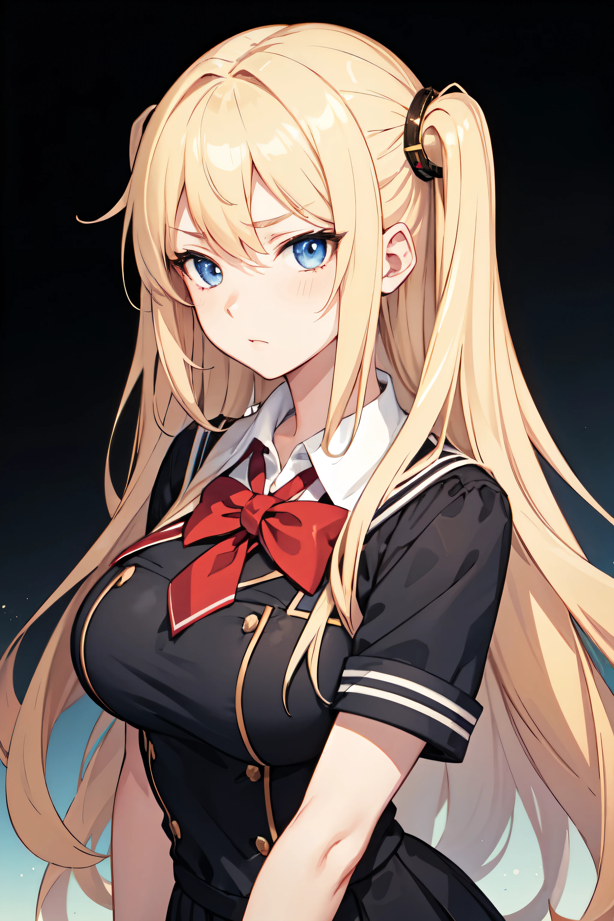 (girl)), ((anime)), 1girl, long hair, blond hair, hime cut, 2 sidelocks, stern expression, dark blue eyes, fair skin, big breasts, honor student