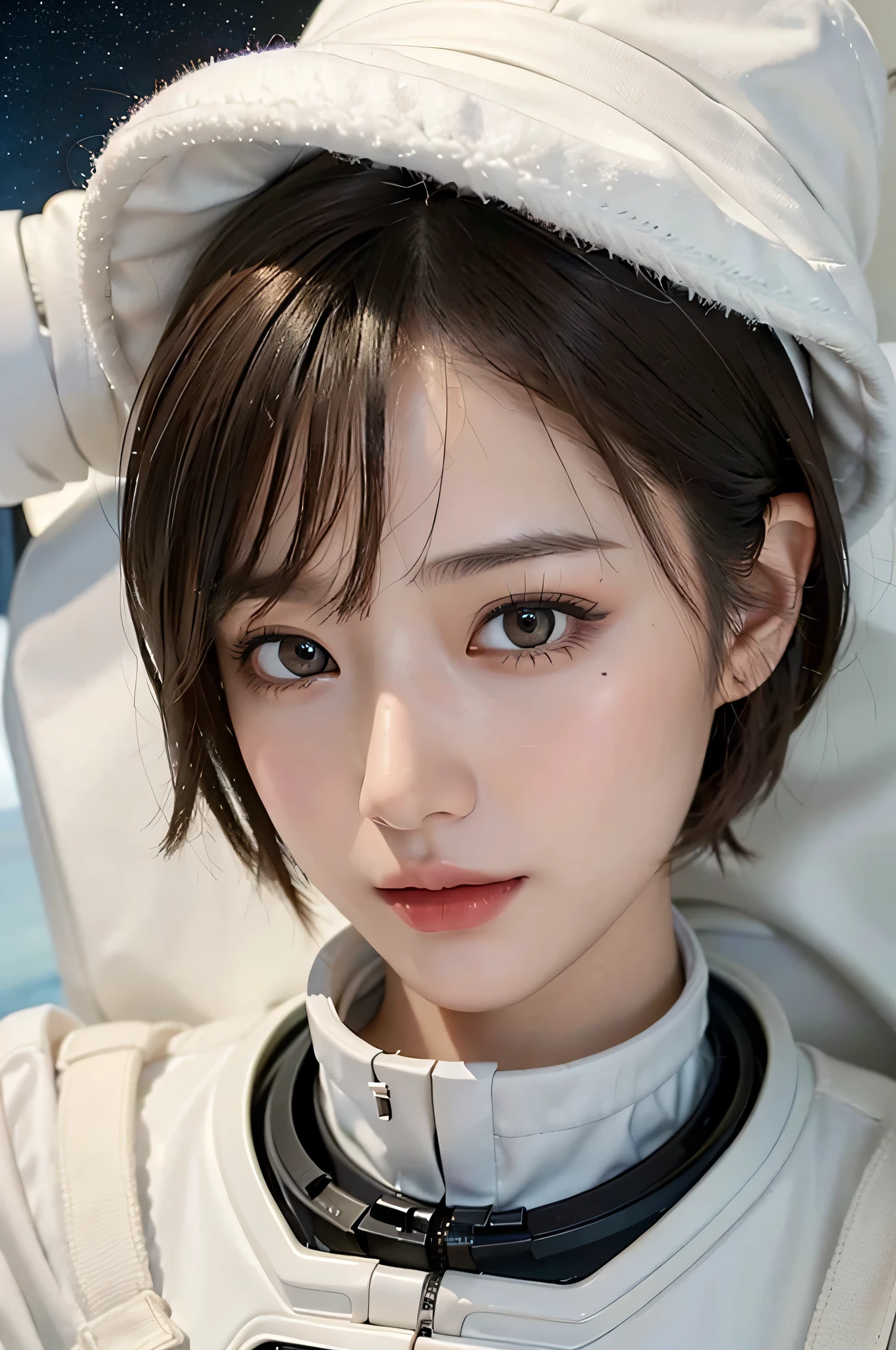 top-quality、masterpiece、超A high resolution、(realisitic:1.4)、Beautuful Women1、Beautiful detail eyes and skin、ssmile、Light brown short-cut hair、The perfect spacesuit、spaceships、Inside the spacecraft、macrocosm、
