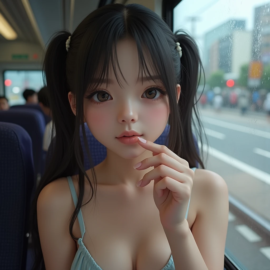 NSFW, POV Involving the male viewer's own body, (You are a lovely girl and will surely answer all your requests, Very erotic atmosphere, She raises her arms and puts her arms around your shoulders, the viewer, and hugs you POV), You looking down on her from above as she faces you in an erotic atmosphere against the train window and hugs you tightly as she presses her breasts against your chest, Very erotic tongue and lips and Cute double tooth, (Masterpiece, Super photo realistic, Super details, Super Highest Quality, Super Highest Quality), super cute and beautiful girl, You are male professional photographer, Japanese gal, For dark brown eyes, Pink highlight hair color, Pink ribbon, gal make-up, False eyelashes, Pearl pink lips, (Very open front shirt:1.3), Breasts that seem to be about to spill out, big open mouth, (brown eyes:1.4), big round chest, BREAK, (Half down two side up very long hair style:1.4), very cute 16-year-old girl, evil smile, (skin fang:1.2), realistic cute Japanese girl, cleavage, half closed eyes, very big open mouth glossy tongue out, (tearful expression:1.4), orgasming, Display the effect of a body jolting and shaking, The shirt is open to the shoulders,