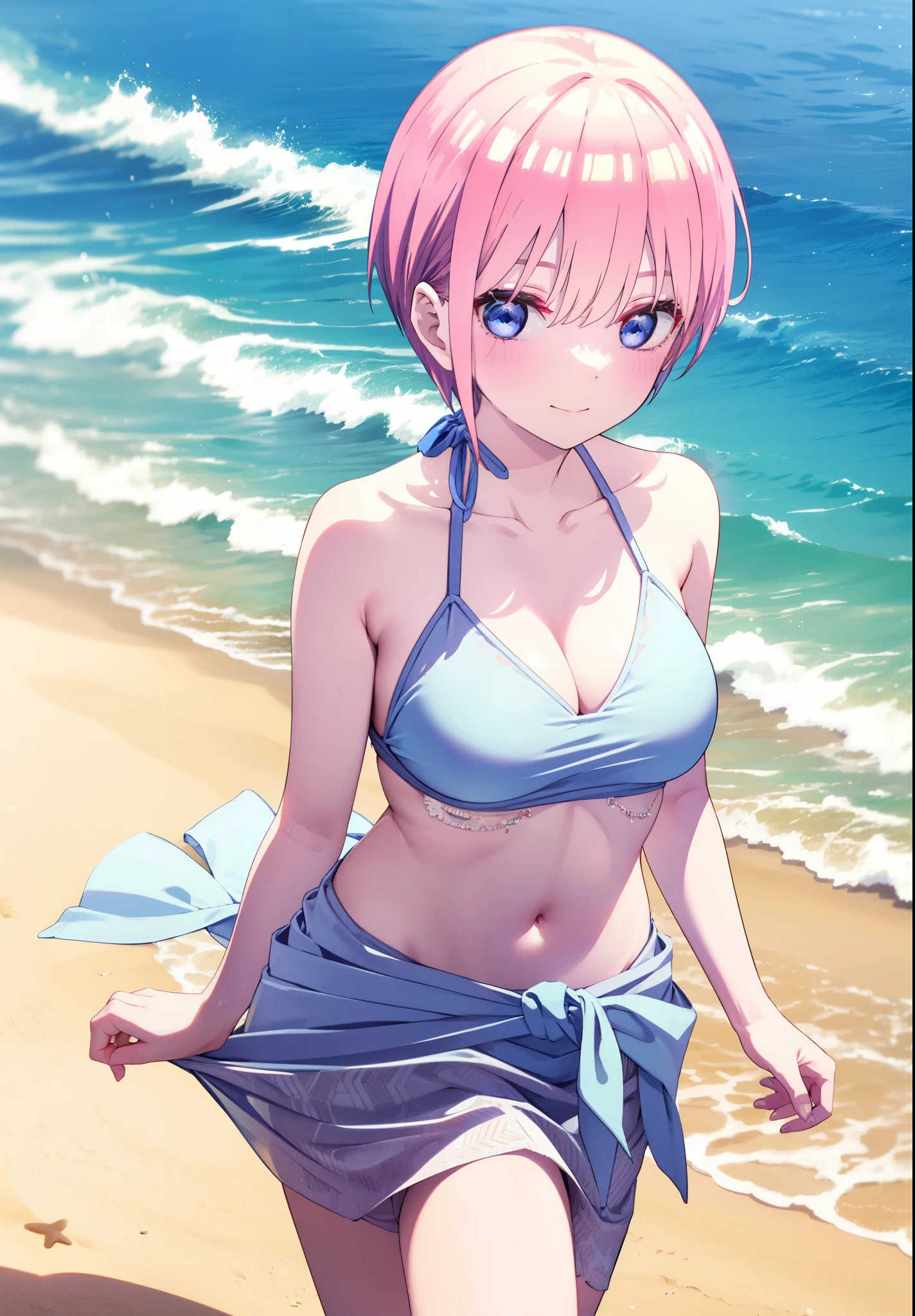 ichikanakano, Nakano Ichika, short hair, bangs, blue eyes, Hair between the eyes, Pink Hair, smile,Big Breasts,White string bikini swimsuit,Pareo Swimsuit,barefoot,Belly button,A thin long skirt is wrapped around her waist,Sandy Beachを散歩している,Walking,True Summer,Daytime,Clear skies,whole bodyがイラストに入るように,
break outdoors, Beach,Sandy Beach,
break looking at viewer, whole body,
break (masterpiece:1.2), Highest quality, High resolution, unity 8k wallpaper, (figure:0.8), (Beautiful attention to detail:1.6), Highly detailed face, Perfect lighting, Highly detailed CG, (Perfect hands, Perfect Anatomy),