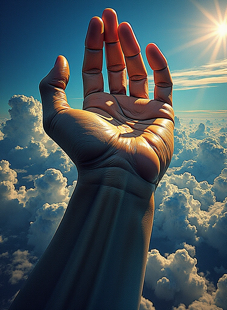 best quality, high quality, ultra quality, 8k, masterpiece, detailed, extremely detailed, insanely detailed, ultra detailed, ultra highres ,exquisite, lifelike Images,cinematic experience,UHD picture,Realistic,photorealistic,hyperrealistic,vivid,RAW photo,shot by DSLR, Huge God Hand, God Hand reaching high into the sky, detailed God Hand fingers, Accurate God Hand