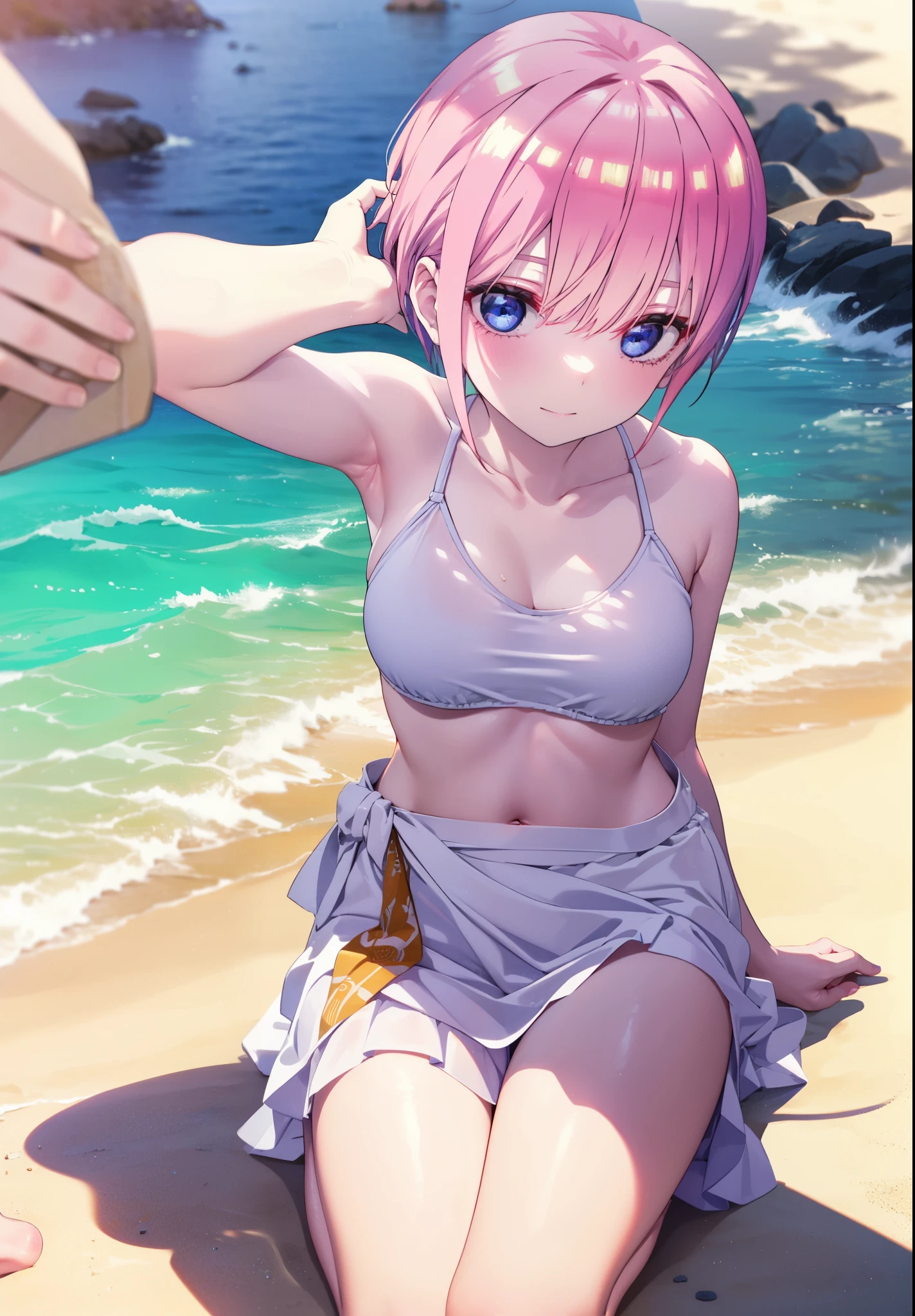 highest quality, masterpiece,  Sakura Mikuf 1, light smile,, looking at the viewer, beach, beach chair,Sitting on the sandy beach,Super high quality,Crisp contours,Just a white Y-shirt with the front open,Spread your crotch wide,spread your legs,Raise one leg,legs spread,Nipples are fully visible,Completely naked,Breasts fully visible,my nipples are erect,mouth open,Hands behind your head,sweat all over,Exposed shoulders,Semen is overflowing from her,Ruka Sarashina,big breasts,